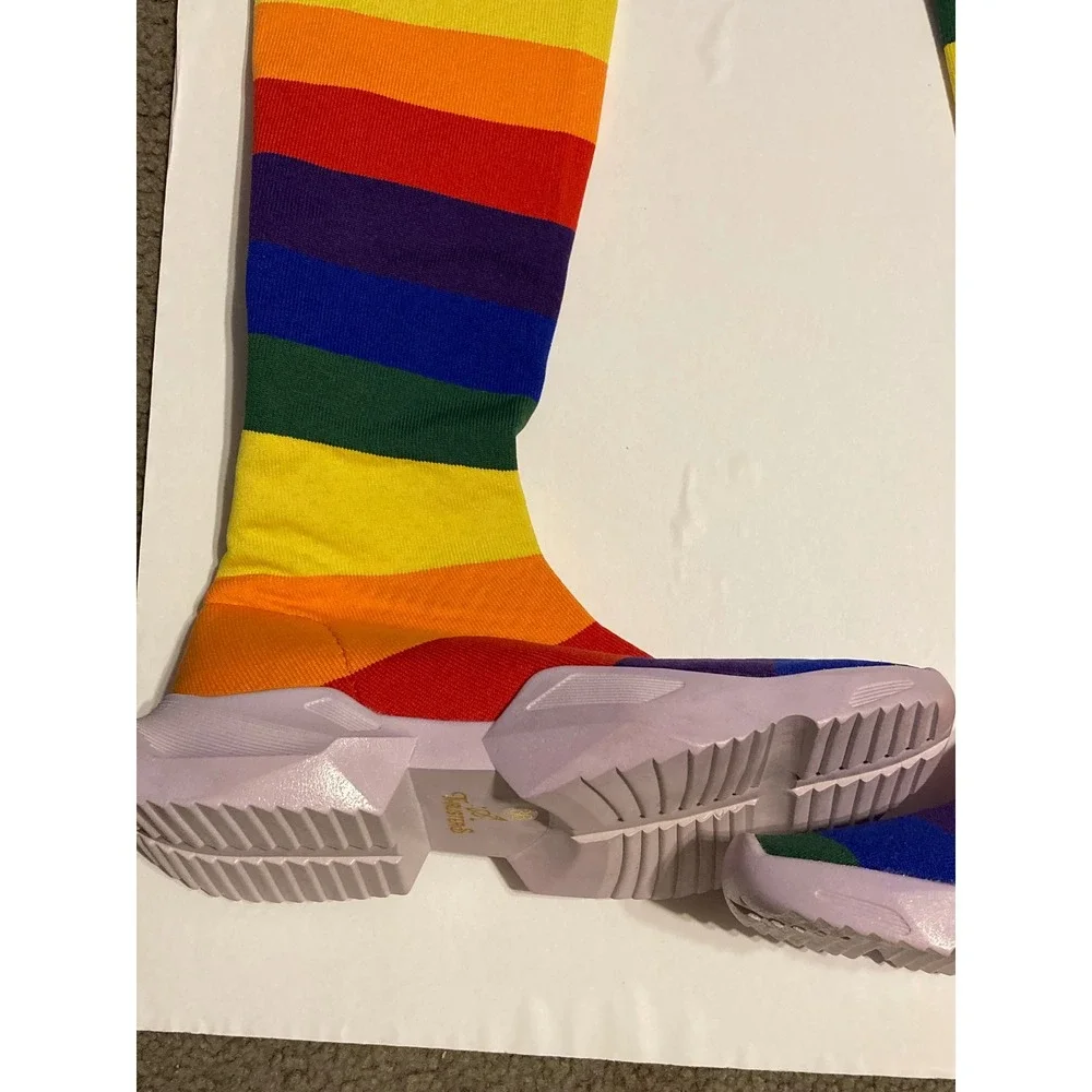Thrusters Rainbow Striped Thigh High Sock Boots Lavender Platform Sole Size 36